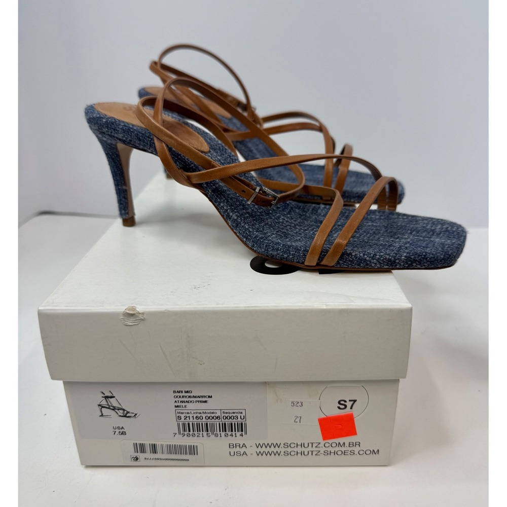 Schutz Bari Mid Heel Strappy Sandal Size 7.5 B Blue Brown Date Night Office